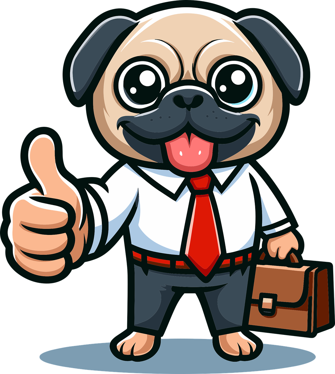 A cartoon dog wearing a suit and holding a briefcase smiling and holding a thumbs up